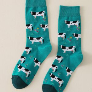 Men Cows & Floral Pattern Crew Socks